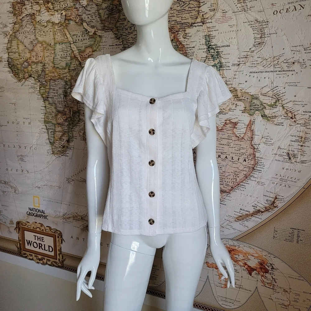 Code x Mode ivory top button front square neckline flare sleeves fairy girly M - Picture 1 of 8